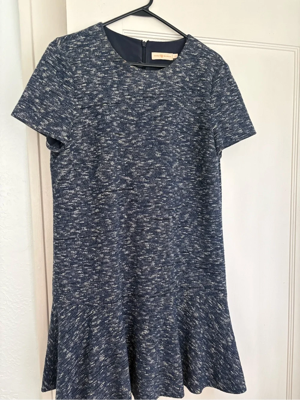 Tory Burch Short-Sleeve Knit Flared Hem Dress in Navy Speckle